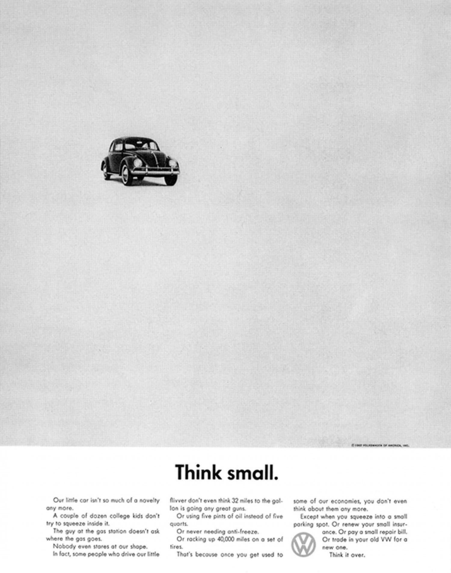 Volkswagen Think Small print advertisement with a tiny Beetle isolated in a large field of white space above the headline and body copy.